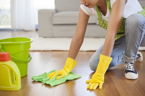 Cleaner vacuuming and dusting a modern home interior
